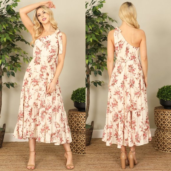 Olivaceous Dresses & Skirts - Olivaceous Cream Floral One Shoulder Tie Detail Tiered Midi Dress NEW